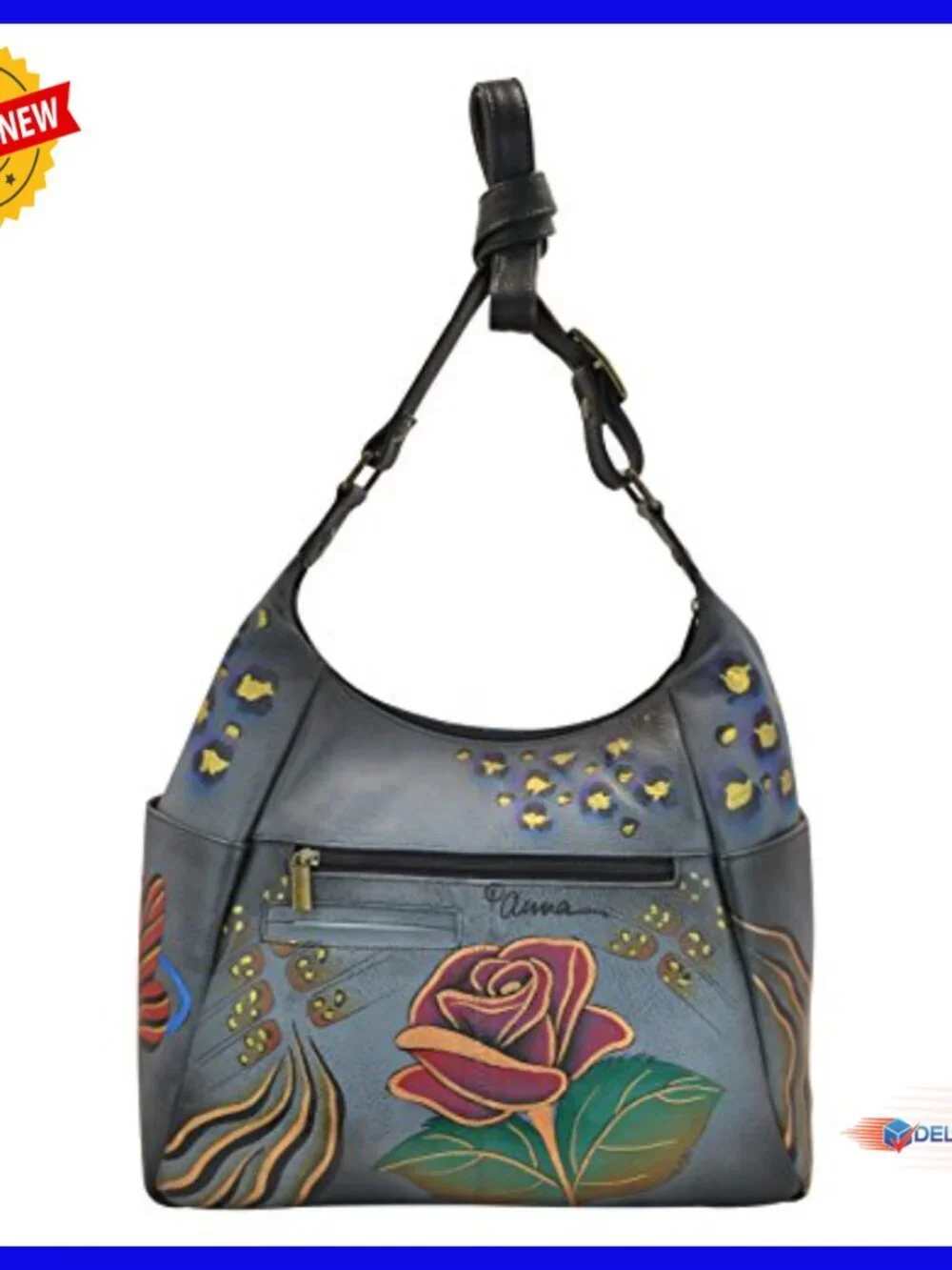 Genuine Leather Handpainted Hobo Bag with Multiple Pockets Adjustable Strap
